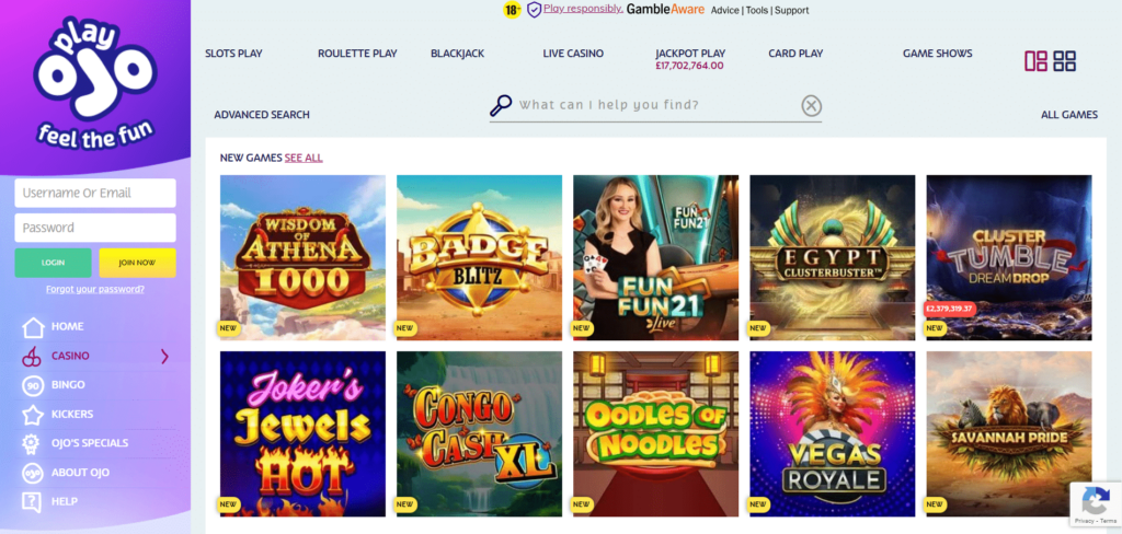 PlayOJO Casino
Gaming Options: Table games, PlayOJO slots, live dealer experiences